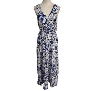 SINCERELY JULES Blue White Sleeveless Maxi Midi Dress Linen Blend Sz M Tropical‎